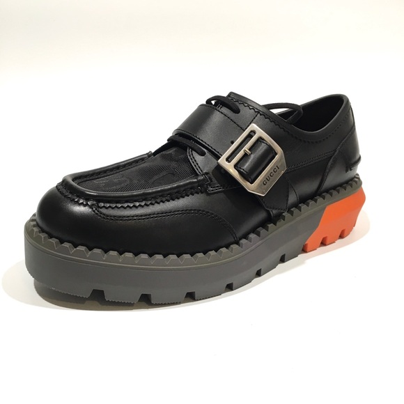 GUCCI LACE-UP BUCKLE LEATHER LOAFERS -BLACK / ORANGE -MEN US 8.5 -NEW - Picture 1 of 10